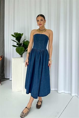 Straplez Yaka Kiloş Etek Kadın Kot Denim Elbise - Lacivert