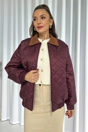 Süet Yaka Mont - Bordo