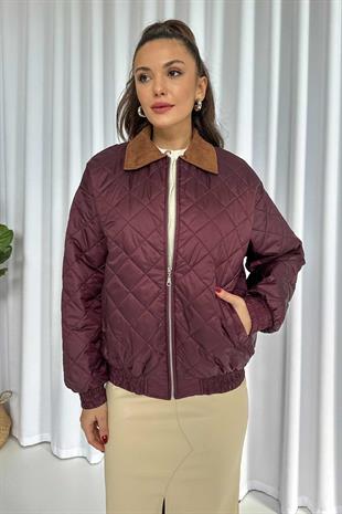 Süet Yaka Mont - Bordo