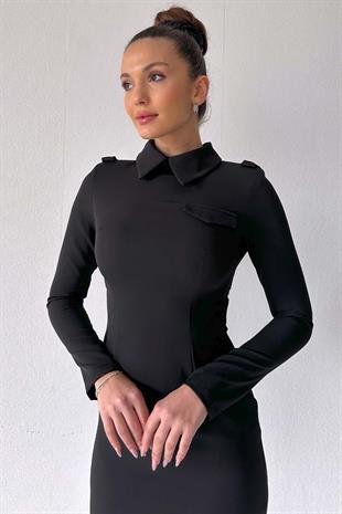 Süs Cep Detaylı Kadın Uzun Elbise - Siyah