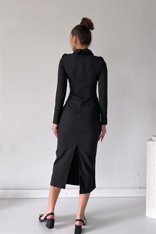 Süs Cep Detaylı Kadın Uzun Elbise - Siyah