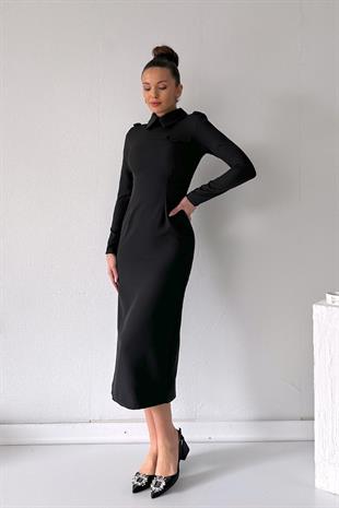 Süs Cep Detaylı Kadın Uzun Elbise - Siyah