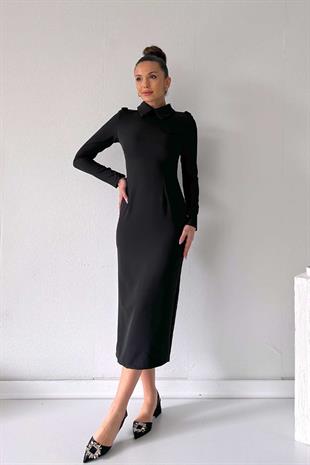 Süs Cep Detaylı Kadın Uzun Elbise - Siyah