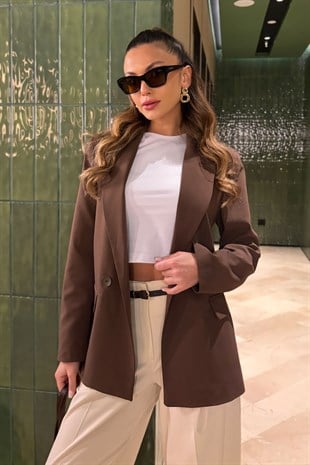 Süs Cepli Blazer Kadın Ceket - Kahverengi