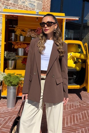 Süs Cepli Blazer Kadın Ceket - Kahverengi