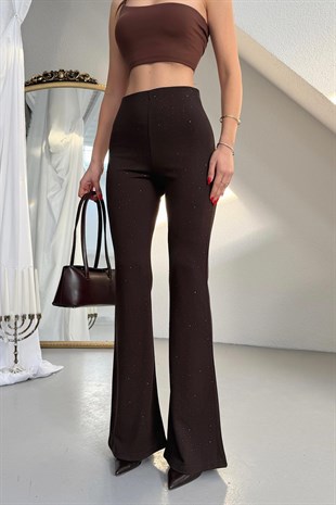 Taş Detaylı Çelik Kumaş Palazzo Pantolon - Kahverengi