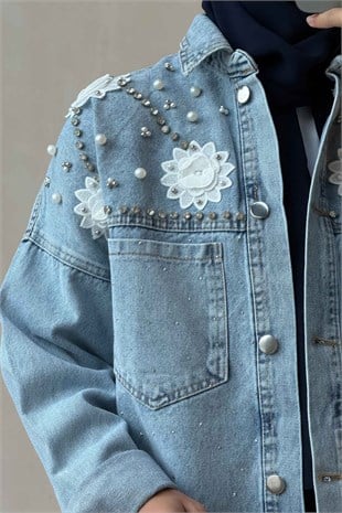 Taş İşlemeli Çift Cep Kot Ceket