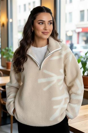 Tasarım Kar Tanesi Desenli Peluş Sweatshirt - Bej