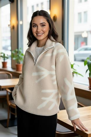 Tasarım Kar Tanesi Desenli Peluş Sweatshirt - Bej