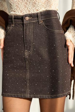 Taşlı Denim Etek - Kahverengi