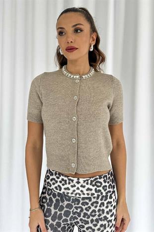 Taşlı Düğmeli Kadın Hırka - Vizon