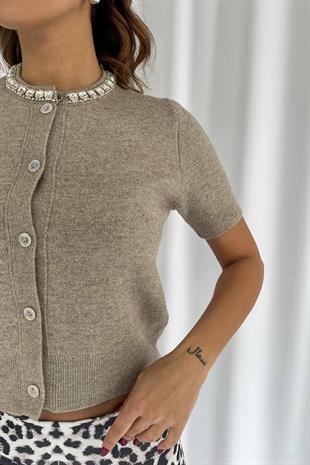 Taşlı Düğmeli Kadın Hırka - Vizon