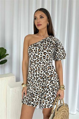 Tek Kol Leopar Desenli Kadın Elbise  - Beyaz