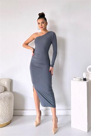 Tek Kol Tek Omuz Modal Kumaş Elbise - Gri