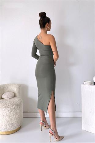 Tek Kol Tek Omuz Modal Kumaş Elbise - Yeşil