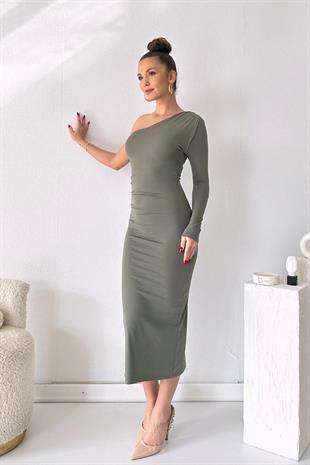 Tek Kol Tek Omuz Modal Kumaş Elbise - Yeşil