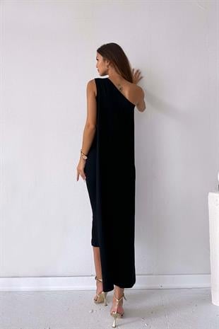 Tek Omuz Pelerin Detay Basic Kadın Elbise - Siyah