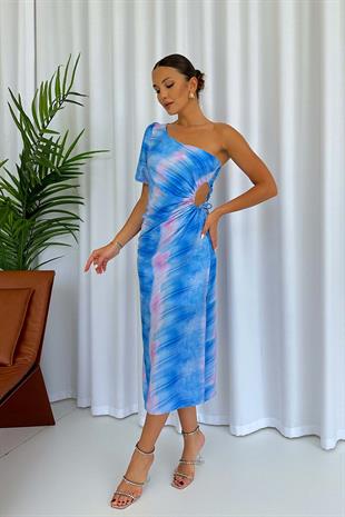 Tek Omuz Batik Desen Bel Dekolte Elbise - Mavi
