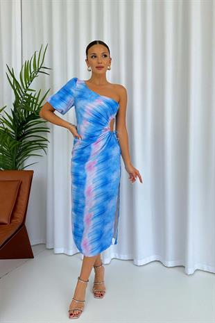 Tek Omuz Batik Desen Bel Dekolte Elbise - Mavi