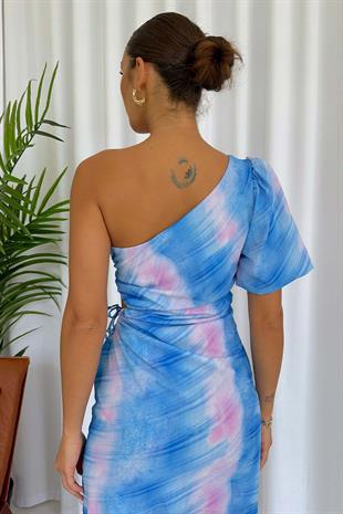 Tek Omuz Batik Desen Bel Dekolte Elbise - Mavi