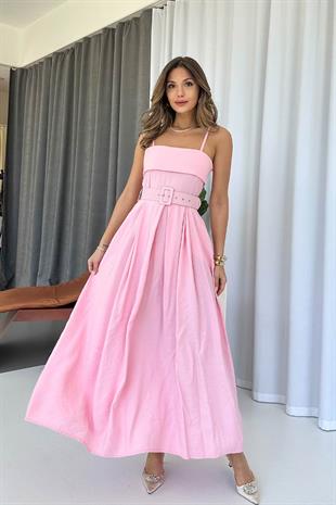 Tensel Kumaş Askılı Kemerli Midi Boy Kadın Elbise - Pembe