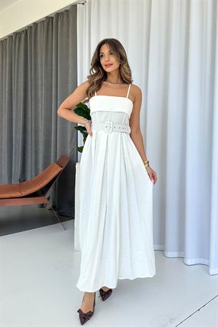 Tensel Kumaş Askılı Kemerli Midi Boy Kadın Elbise - Beyaz