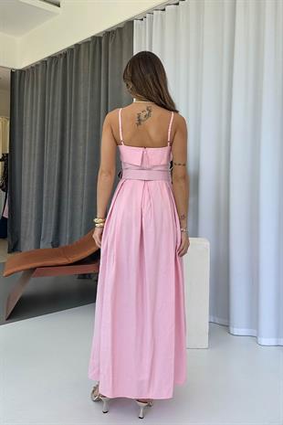 Tensel Kumaş Askılı Kemerli Midi Boy Kadın Elbise - Pembe