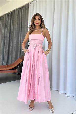 Tensel Kumaş Askılı Kemerli Midi Boy Kadın Elbise - Pembe