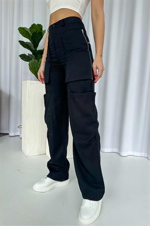 Tensel Özel Tasarım Kadın Kargo Pantolon - Siyah