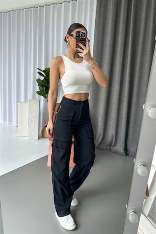 Tensel Özel Tasarım Kadın Kargo Pantolon - Siyah