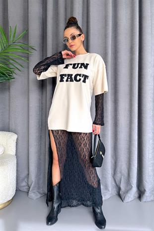 Dantel Astarlı Sweatshirt Elbise - Bej