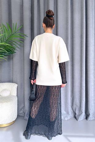 Dantel Astarlı Sweatshirt Elbise - Bej