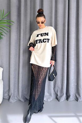 Dantel Astarlı Sweatshirt Elbise - Bej