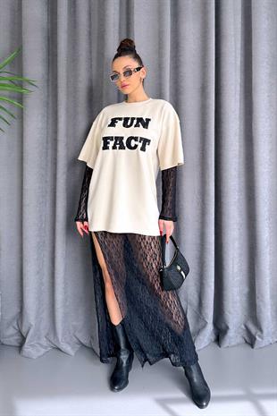 Dantel Astarlı Sweatshirt Elbise - Bej