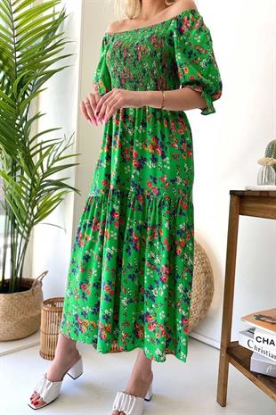 U Yaka Kısa Kol Kiloş Elbise - Yeşil