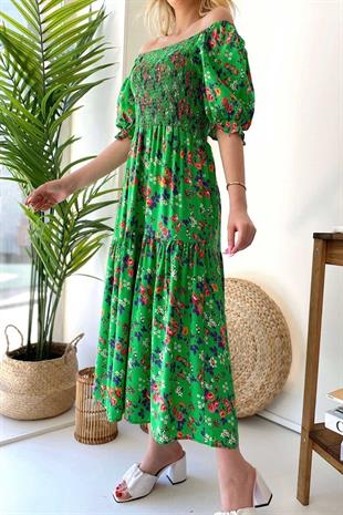 U Yaka Kısa Kol Kiloş Elbise - Yeşil