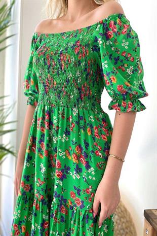 U Yaka Kısa Kol Kiloş Elbise - Yeşil