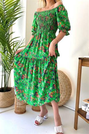 U Yaka Kısa Kol Kiloş Elbise - Yeşil