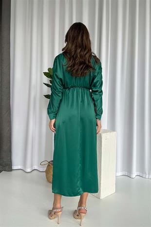 Uzun Kol Saten Bel Büzgü Detaylı Kadın Elbise - Yeşil