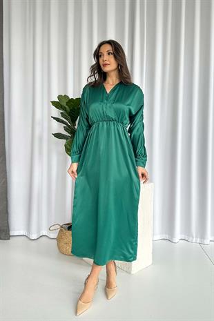 Uzun Kol Saten Bel Büzgü Detaylı Kadın Elbise - Yeşil