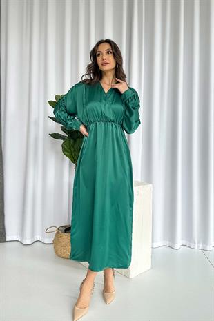 Uzun Kol Saten Bel Büzgü Detaylı Kadın Elbise - Yeşil
