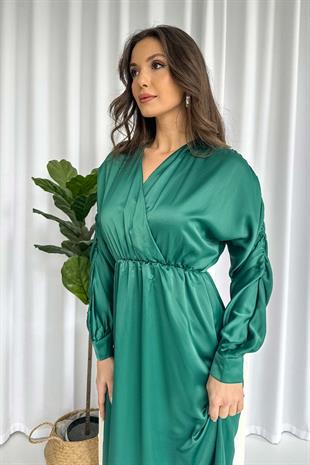 Uzun Kol Saten Bel Büzgü Detaylı Kadın Elbise - Yeşil