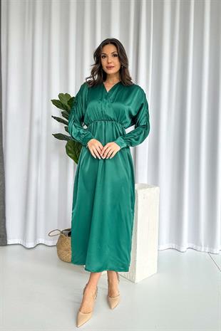 Uzun Kol Saten Bel Büzgü Detaylı Kadın Elbise - Yeşil