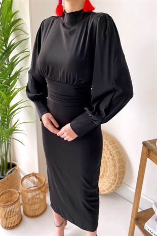 Uzun Kol Sırt Dekolteli Kadın Elbise - Siyah