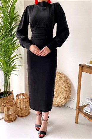 Uzun Kol Sırt Dekolteli Kadın Elbise - Siyah