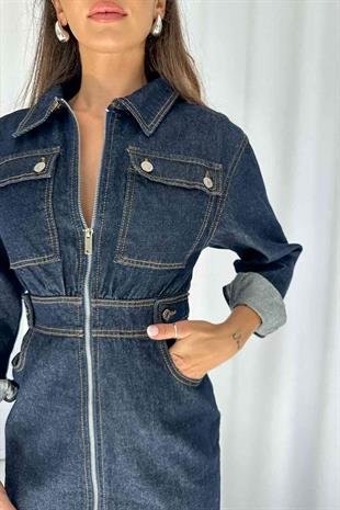 Uzun Kollu Fermuarlı Beli Gipeli Denim Elbise - Lacivert