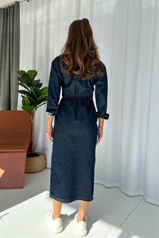 Uzun Kollu Fermuarlı Beli Gipeli Denim Elbise - Lacivert