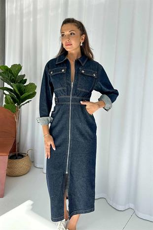 Uzun Kollu Fermuarlı Beli Gipeli Denim Elbise - Lacivert