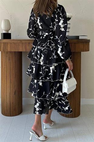 Uzun Kollu Volanlı Kendinden Desenli Kadın Elbise - Siyah/Bej