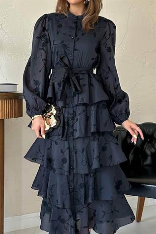 Uzun Kollu Volanlı Kendinden Desenli Kadın Elbise - Siyah